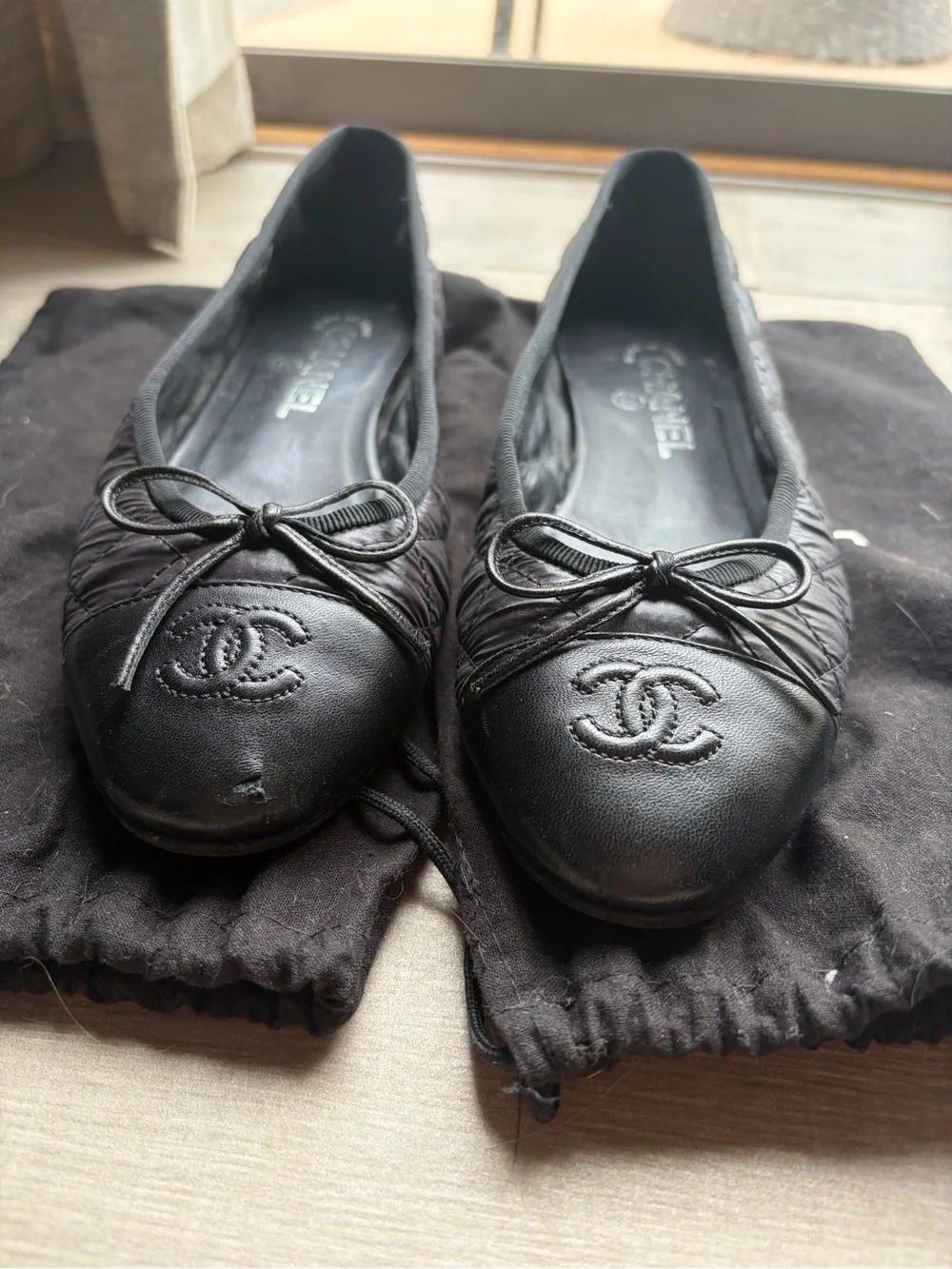 Chanel Black Quilted Leather Ballet Flats with CC Logo